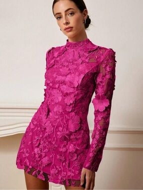 Fuchsia Floral Heavy Embroidery Mesh Long-Sleeve Mini Dress - size 2
